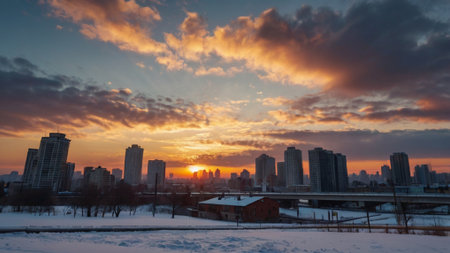 cityscape at sunset in winter, Moscow, Russia, panoramaの写真素材