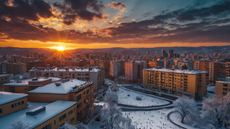 Aerial panorama of the city of Yekaterinburg at sunsetの写真素材