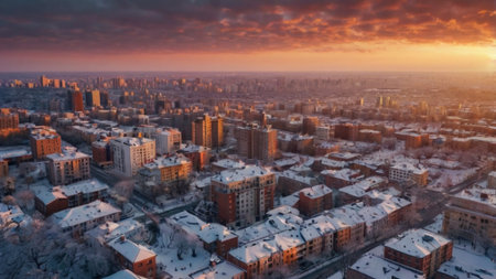 Aerial view of the city at sunset.の写真素材