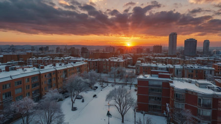 Aerial view of the city during a beautiful winter sunset.