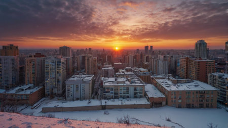 Beautiful sunset over the city of Kiev, Ukraine. Panoramaの写真素材