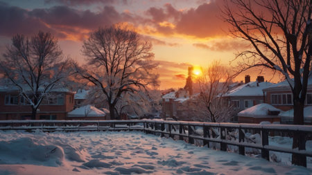 Beautiful winter sunset in the city. Winter landscape with trees, houses and bridge.の写真素材