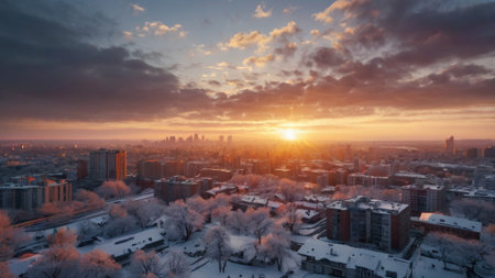 Aerial view of cityscape at sunset.の写真素材