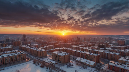 Aerial view of the city in winter at sunset.の写真素材