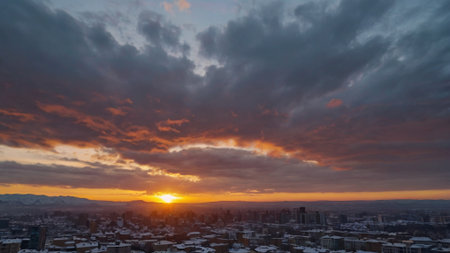 Sunset over the city of Seoul, South Korea, during winterの写真素材