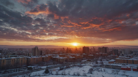 Aerial view of Moscow city at sunset. Beautiful winter panoramaの写真素材