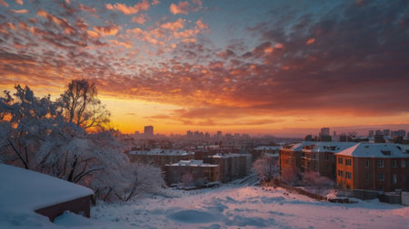 Winter sunset over the city. Beautiful winter landscape in the city.の写真素材