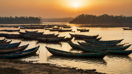 Fishing boats on the bank of the river at sunrise, Indiaの写真素材