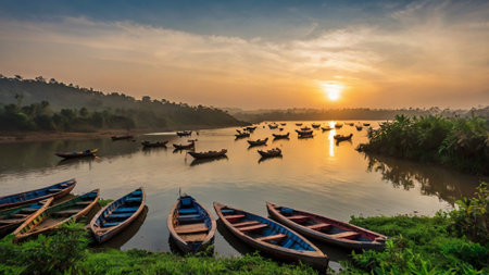 Fishing boats at sunrise.の写真素材