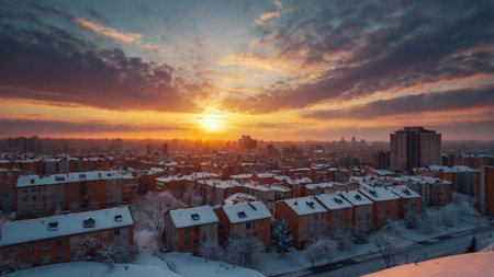 Beautiful winter sunset over the city. Panoramic view.の写真素材