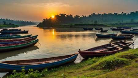 Colorful boats on the bank of the river at sunsetの写真素材