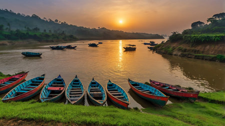 Colorful boats on the bank of the river at sunrise