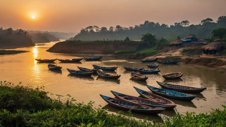 Fishing boats on the river at sunrise.の写真素材
