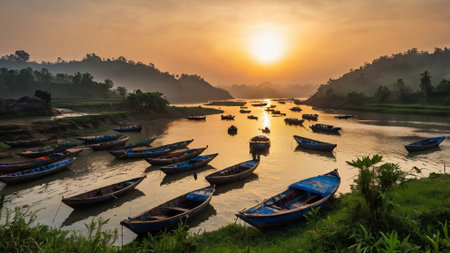 Fishing boats on the river at sunrise.の写真素材