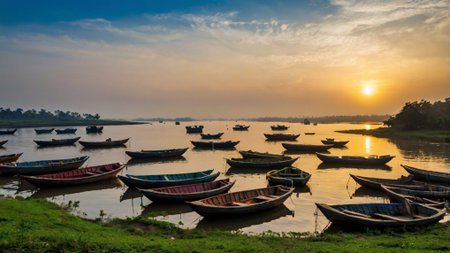 Fishing boats at sunset on the banks of the river.の写真素材