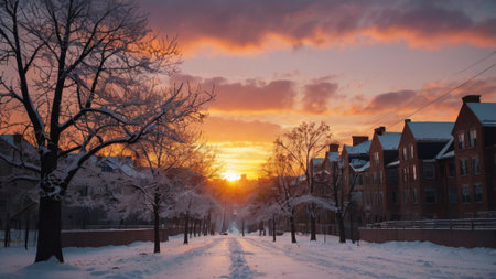 Beautiful winter landscape in the city. Sunrise over the street.の写真素材