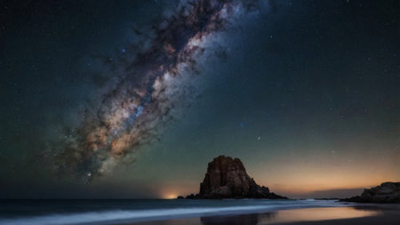 Milky Way over the sea. Long exposure photograph, with grain