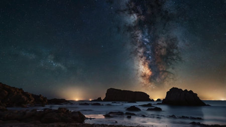 Milky Way over the sea and rocks in the foreground at nightの写真素材