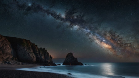 Milky Way over the sea and rocks, Long exposure photograph.の写真素材