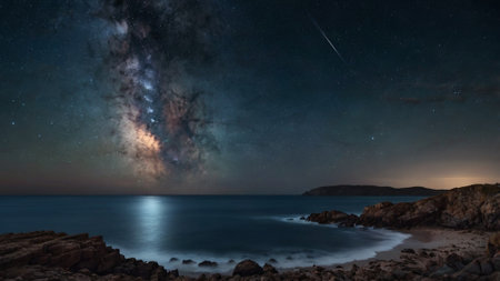 Milky way over the sea at night. Long exposure photograph.の写真素材