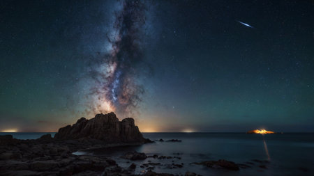 Milky way over the sea with stars and rocks in the foregroundの写真素材