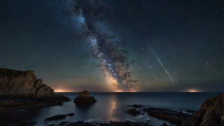 Milky way over the sea at night. Long exposure photograph.