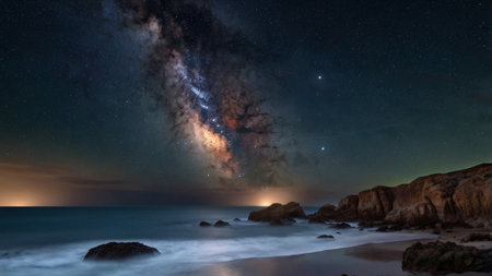 Milky Way over the sea. Long exposure photograph. 3D renderingの写真素材