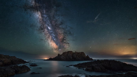 Milky Way over the sea and rocky coast. 3d renderingの写真素材