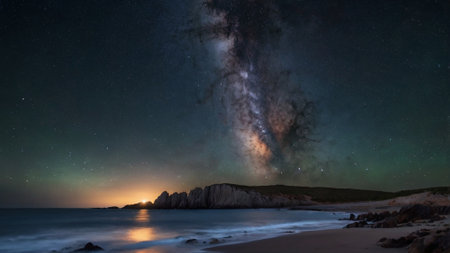 Milky way over the sea, long exposure photograph, with grainの写真素材