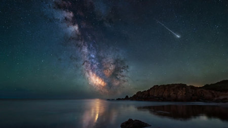 Milky Way over the sea and rock. Long exposure photograph.