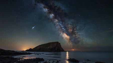 Milky Way over the sea with stars and rocks in the foregroundの写真素材