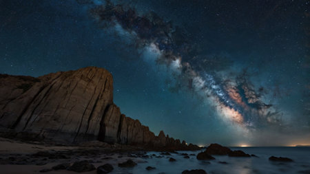 Milky way over rocks and sea at night. Long exposure photograph.