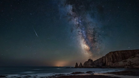 Milky way over rocks and sea at night, panoramic view