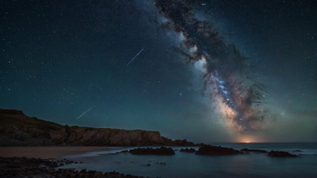 Milky Way over the sea at night. Long exposure photograph.の写真素材