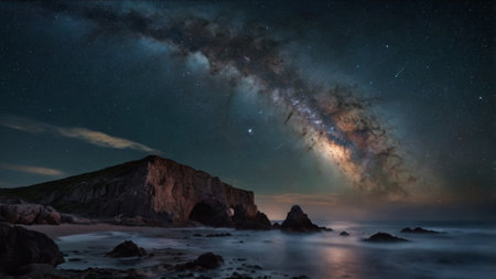 Milky Way over a rock on the beach. 3d renderingの写真素材
