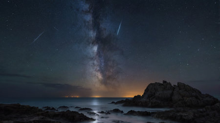 Milky way over the sea with stars and rocks. 3d renderingの写真素材
