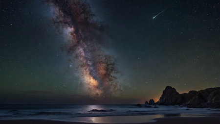 Milky way over the sea and rocks.