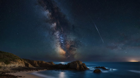 Milky Way over a rocky beach at night. Long exposure.の写真素材