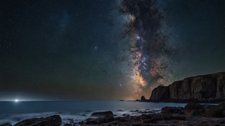 Milky Way over a rocky beach at night. 3d renderingの写真素材