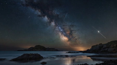 Milky Way over a rocky beach at night with stars in the sky