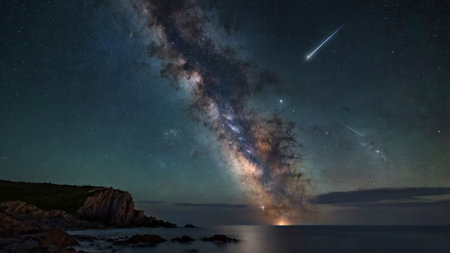 Milky way and stars in the night sky over the sea.