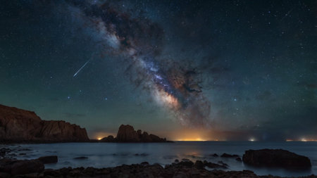 Milky way over the sea with rocks and starry sky.の写真素材
