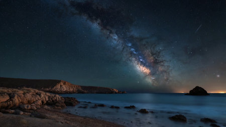 Milky Way over the sea at night. Long exposure photograph.の写真素材
