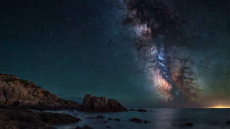 Milky Way over the sea and rock at night. 3d renderingの写真素材