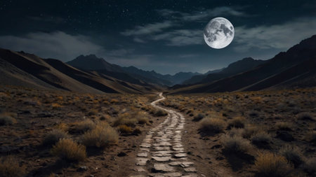 Dirt road leading to the moon in the desert. 3d renderingの写真素材