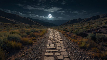 Pathway in the mountains at night with full moon in the skyの写真素材