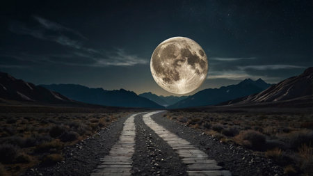 road in the mountains at night with full moon. 3d rendering