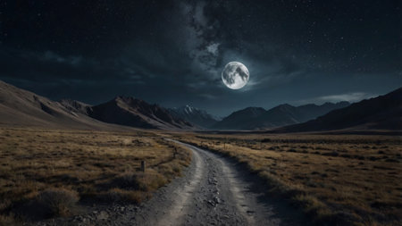 road in the mountains at night with full moon. 3d renderingの写真素材
