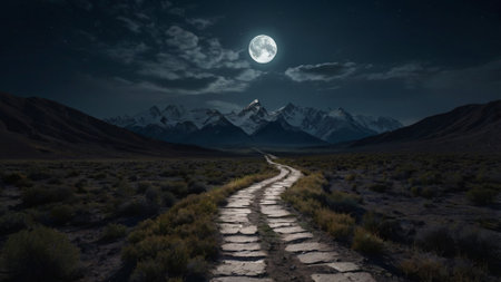 Hiking trail to Mount Cook in New Zealand at full moon nightの写真素材