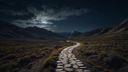 Landscape with a road in the mountains at night. 3d rendering